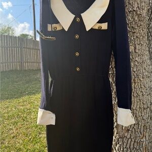 St. John Navy Dress with Ivory Collar and Cuffs